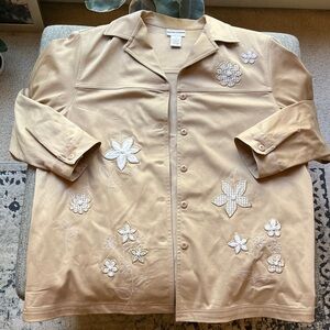 Vintage 90s khaki Blazer with pockets and floral patchwork detailing , Size: 14